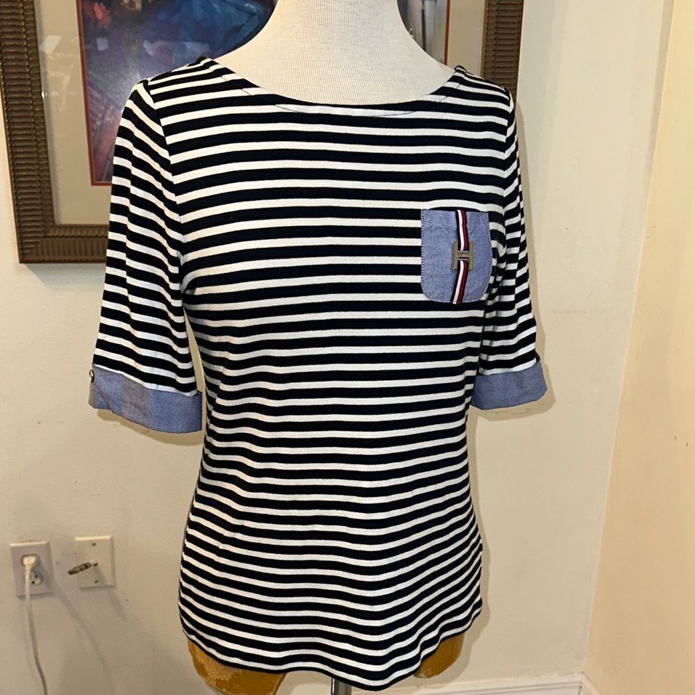 Tommy Hilfiger Navy Striped Women's Top with Pocket Detail Size S/P